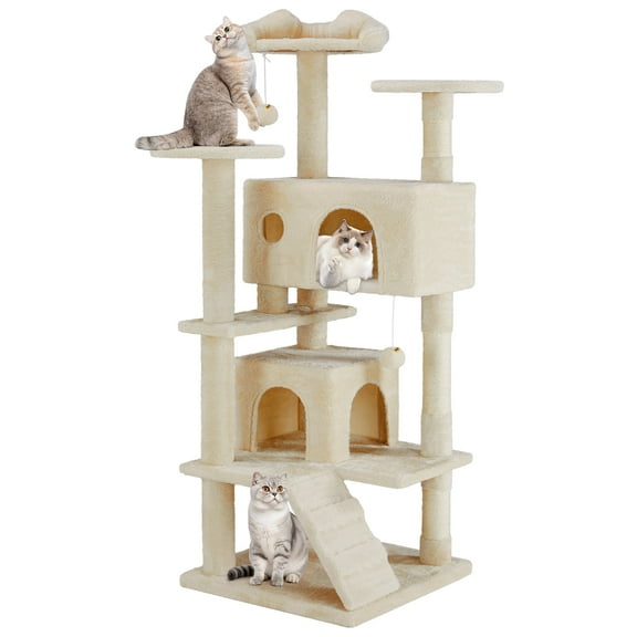 MCQ 54" Cat Tree Tower Multi-level with Scratching Post, Large Condo for Indoor, Beige