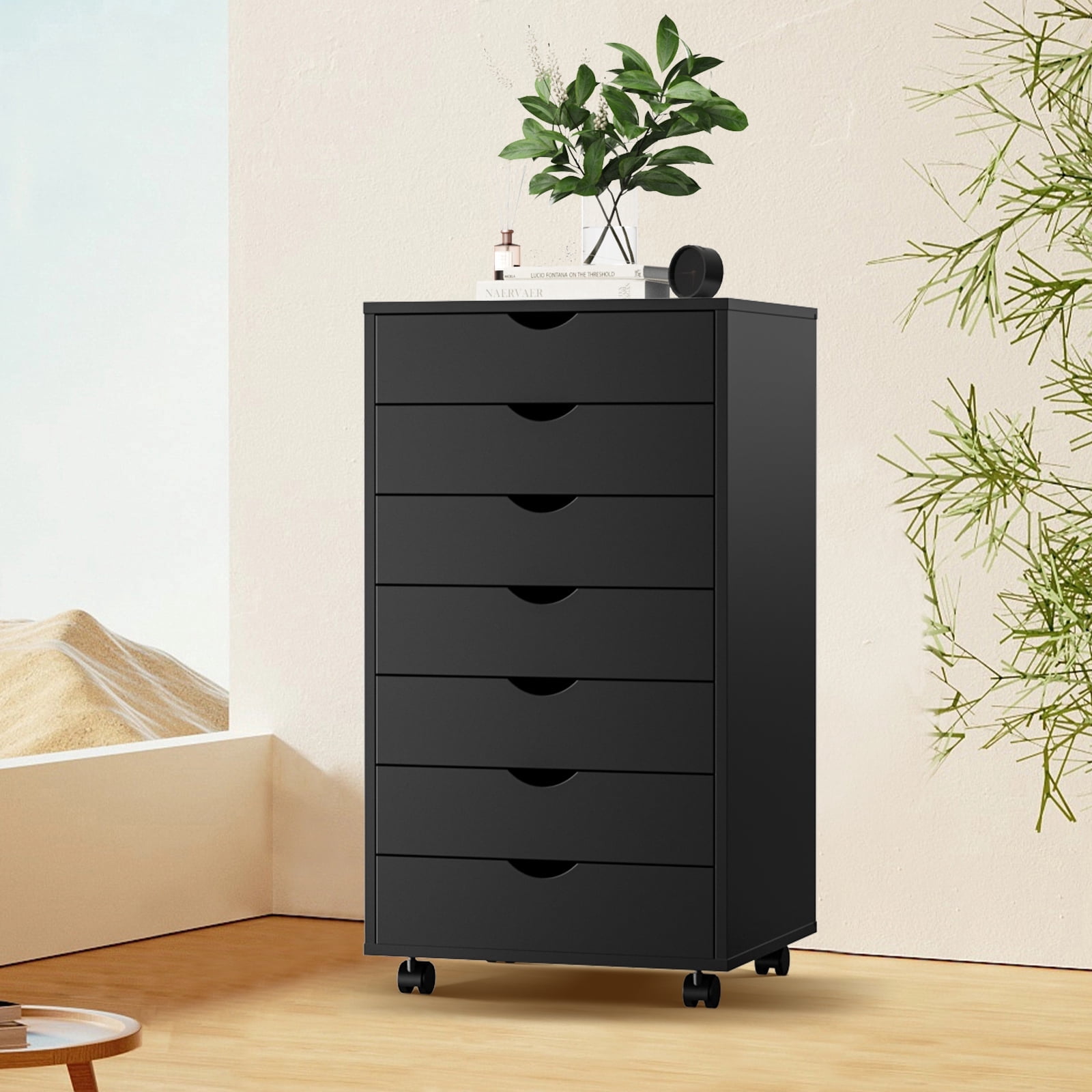 JOINSUN 7-Drawer Dresser, Wood Storage File Cabinet with Wheels and Drawer Organizer for Bedroom Closet, Black
