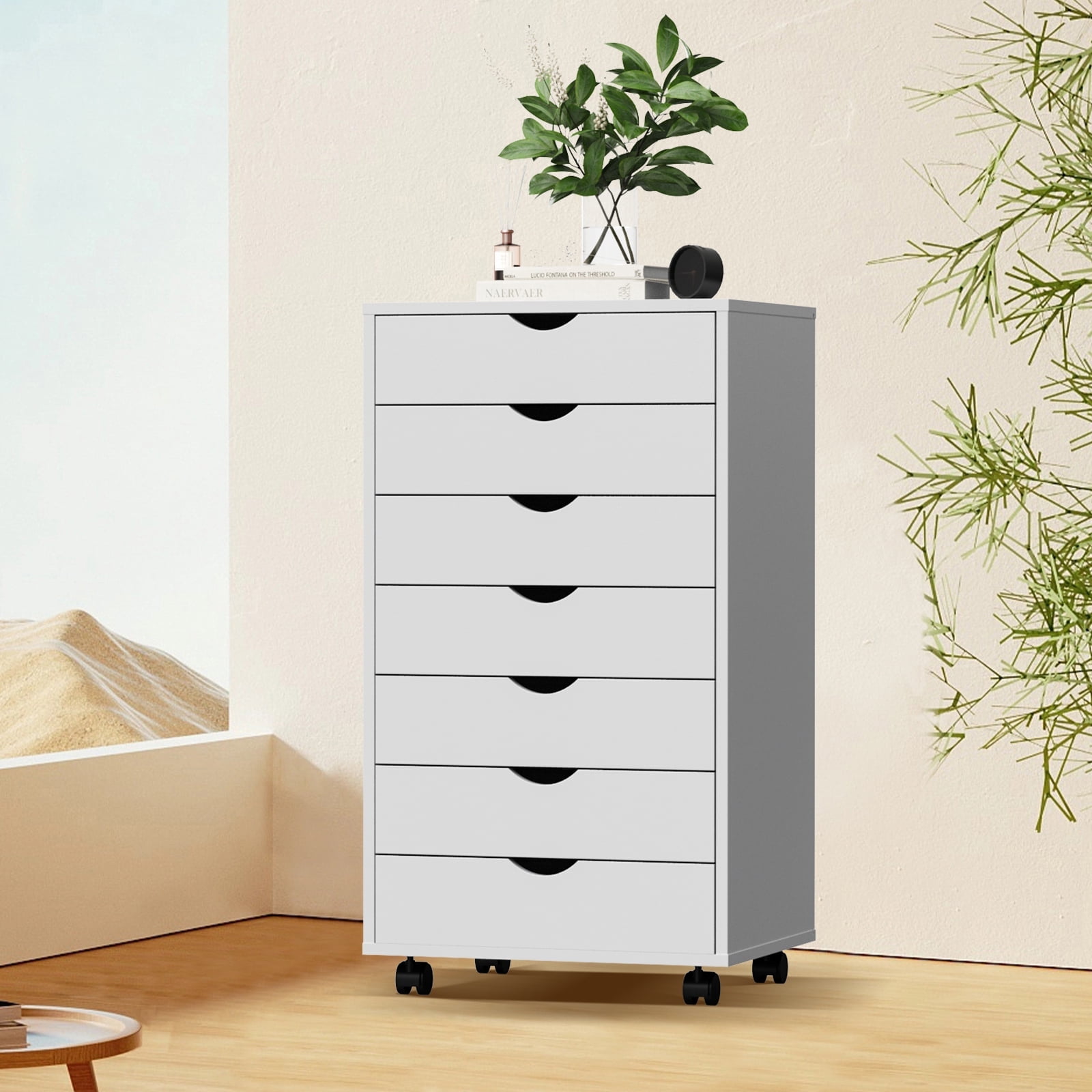 JOINSUN 7-Drawer Dresser, Wood Storage File Cabinet with Wheels and Drawer Organizer for Bedroom Closet, White