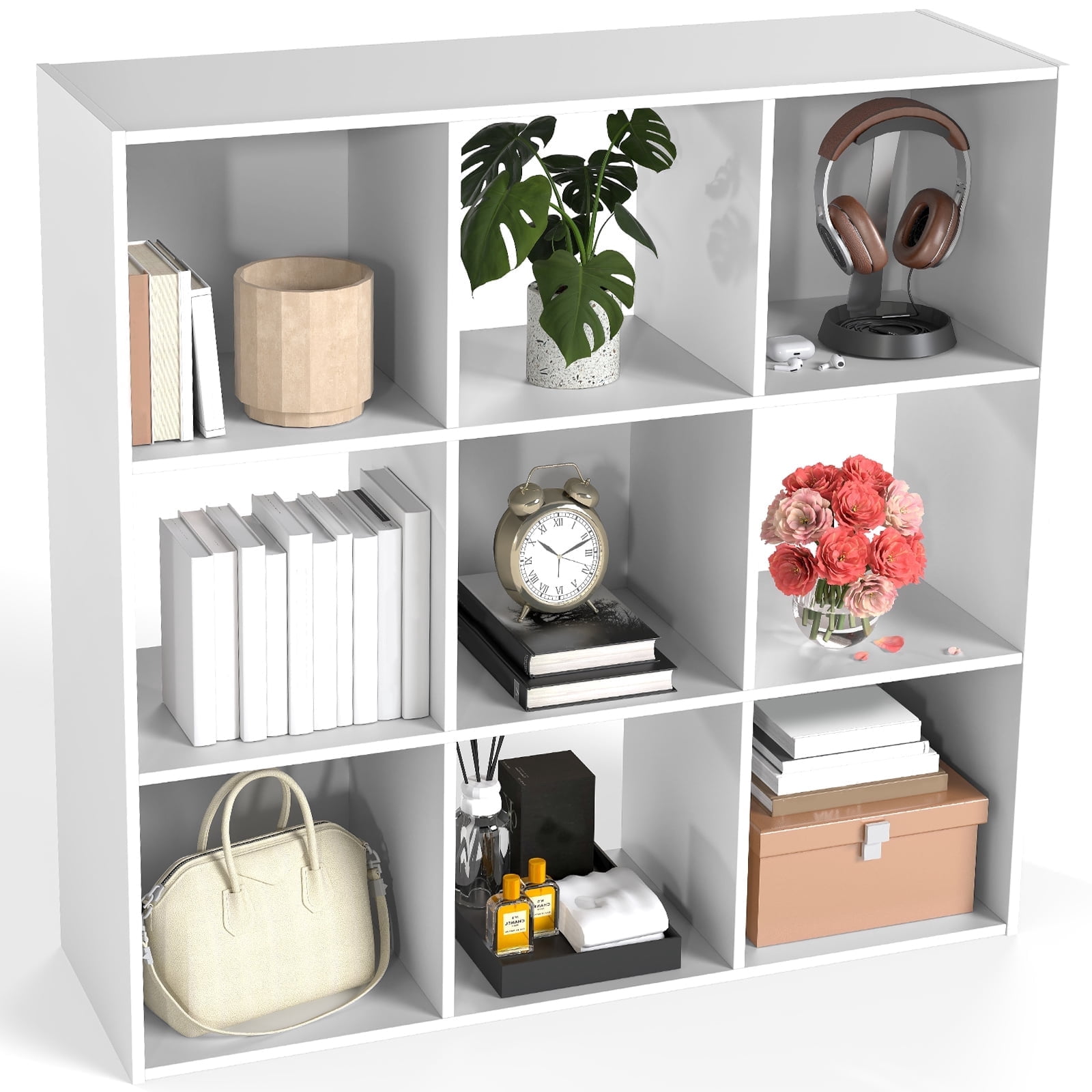MCQ 9 Cube Storage Organizer, Open Bookshelf with 3 Removable Back Panels for Living Room, Bedroom, Home Office，36"L x 11.6"W x 36"H, White