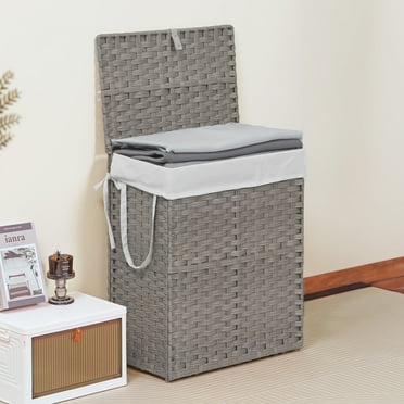 JOINSUN 90 Liter Laundry Basket, Wicker Laundry Hamper with Lid and Handle, Collapsible, Removable Liner Pocket, Machine Washable, Gray