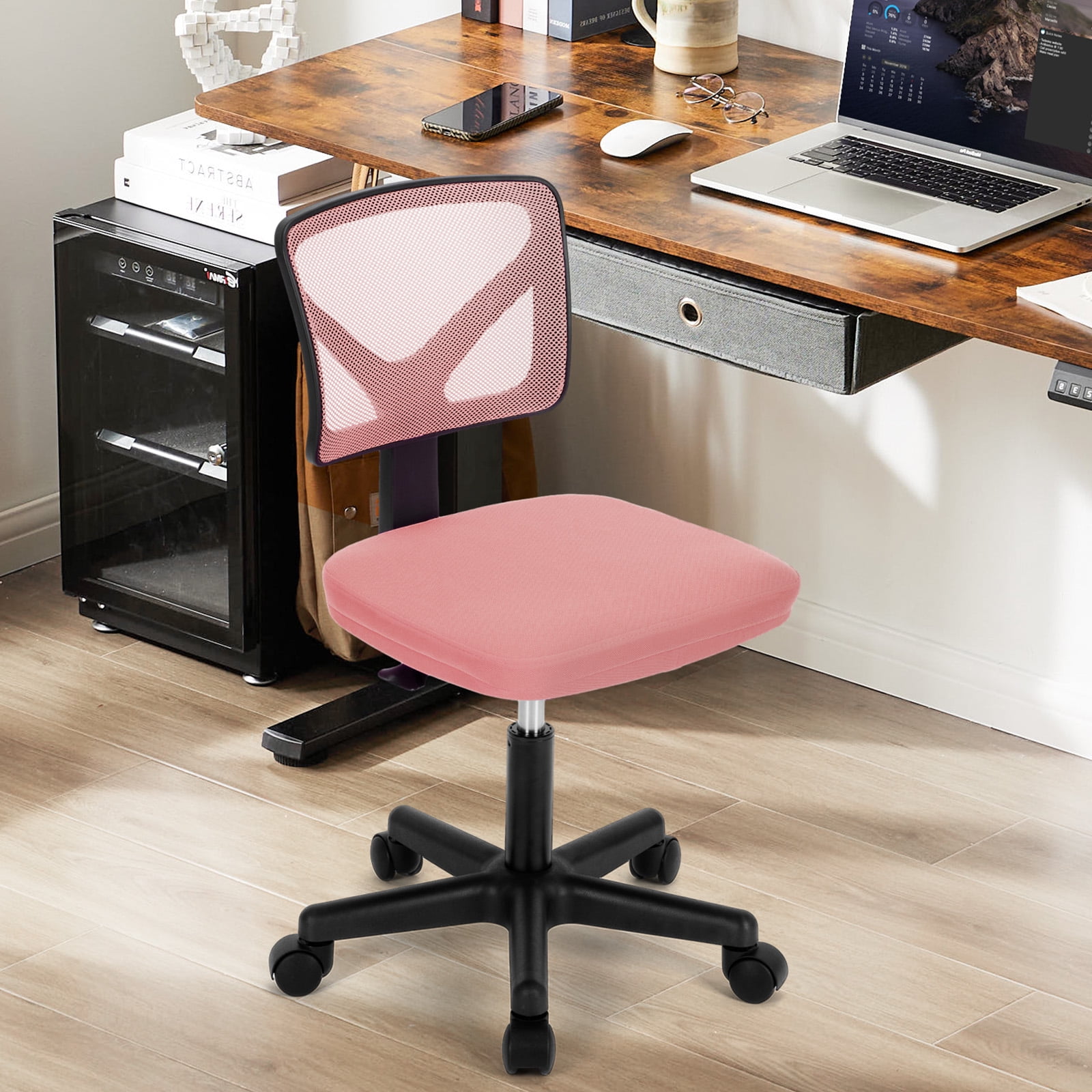 JOINSUN Armless Desk Mesh Office Chair, Adjustable Height Ergonomic Low Back Vanity Task Desk Chair with Wheels, Pink