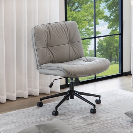JOINSUN Armless Office Chair, PU Leather Upholstered Wide Seat with Wheel for Office, Bedroom, Khaki