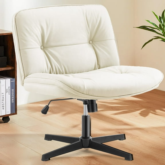 JOINSUN Armless Office Chair, PU Leather Upholstered Wide Seat, 130° Rocking Mid Back Design, Perfect for Office, Bedroom, and Makeup, Beige