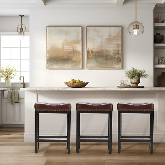 JOINSUN Bar Stools Set of 2, Hight 24 Inch Kitchen Barstools with Metal Base, PU Leather Saddle Seats for Kitchen, Brown