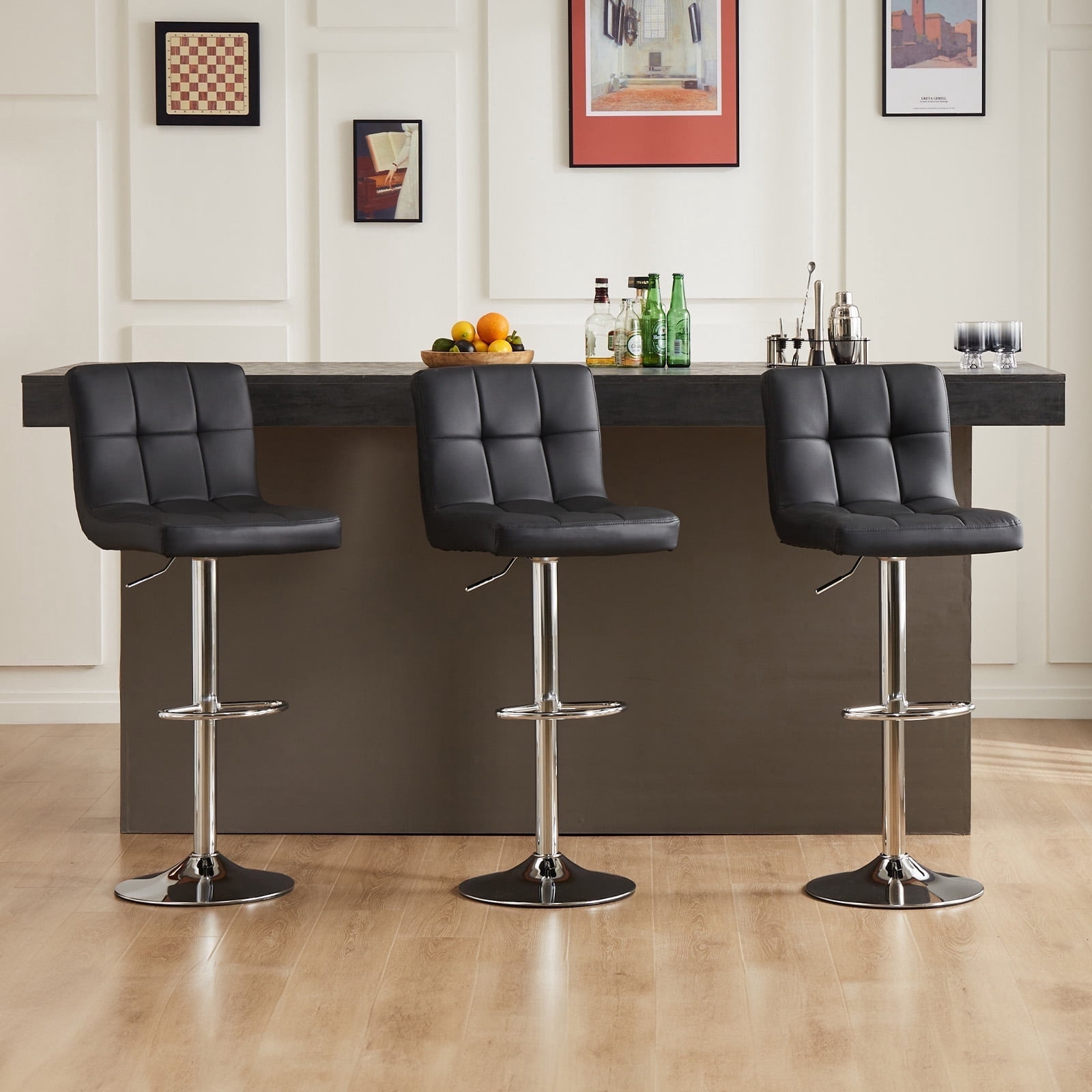 JOINSUN Bar Stools, Luxurious PU Leather Adjustable Swivel Counter Seats for Home, Set of 2, Black