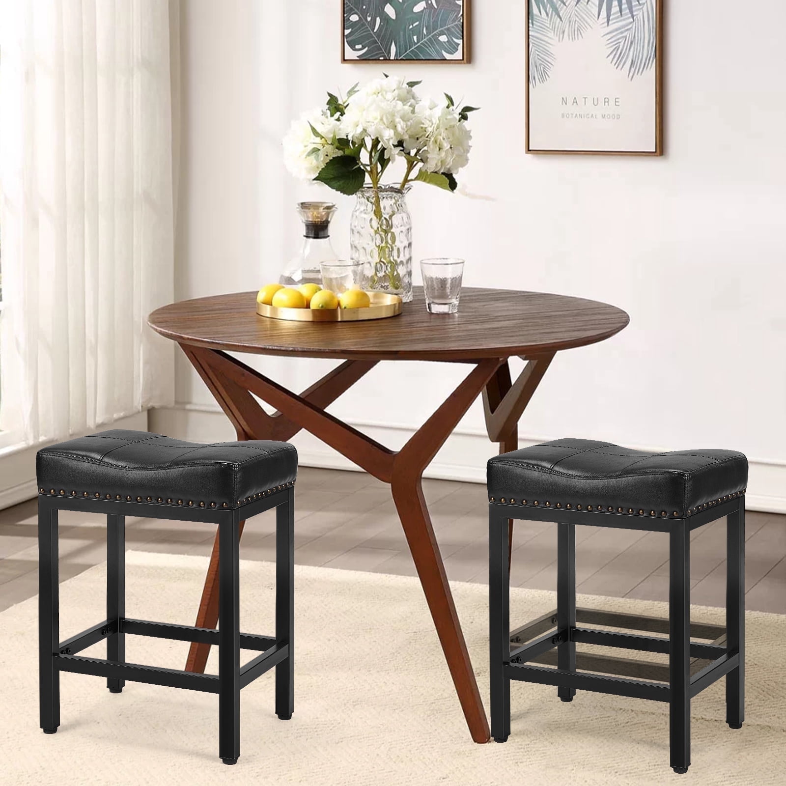 JOINSUN Bar Stools Set of 4, Hight 24 Inch Kitchen Barstools with Metal Base, PU Leather Saddle Seats for Kitchen, Black