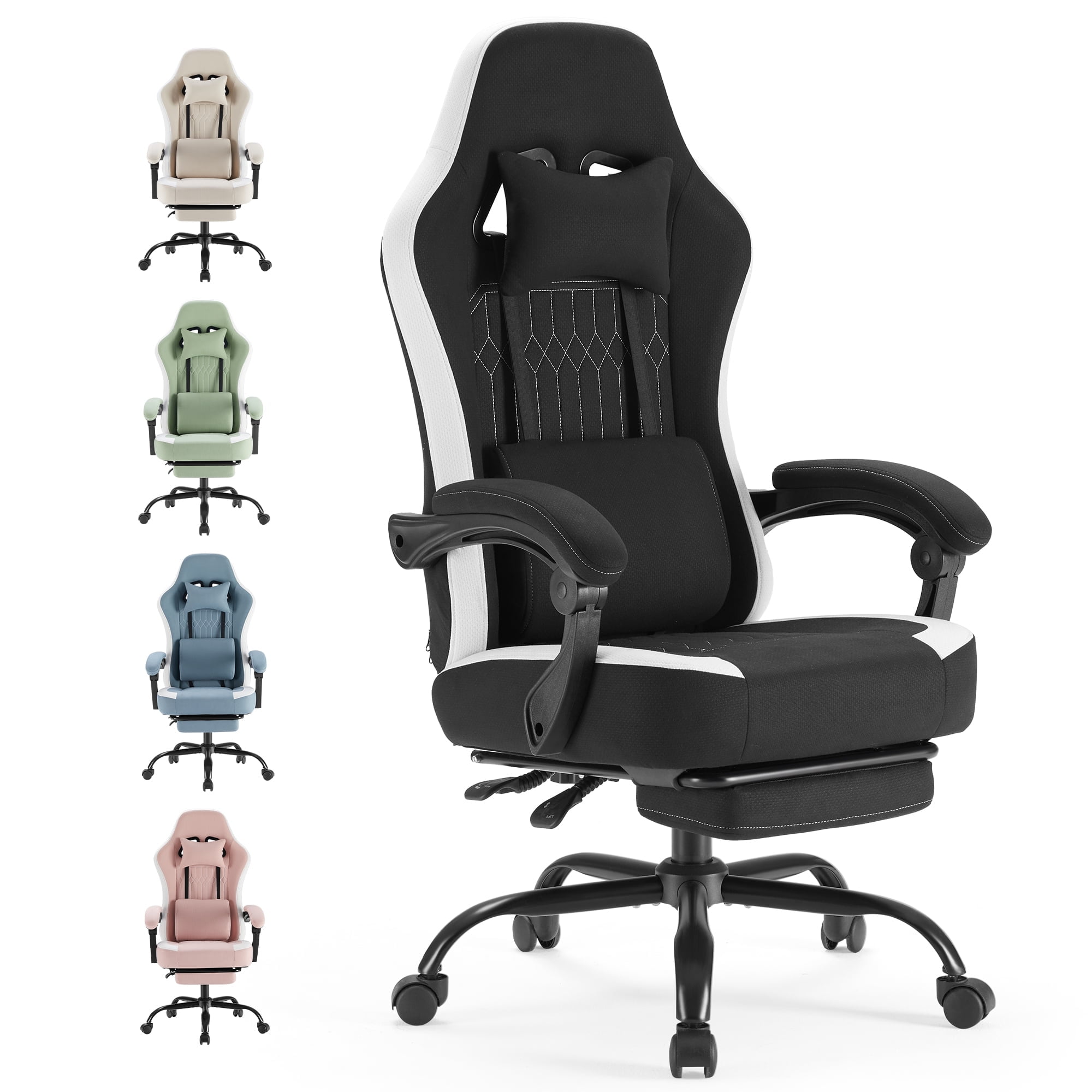 MCQ Computer Gaming Task Chair, High Back Ergonomic with Linkage Armrests, Footrest and Lumbar Support, 360° Swivel Wheels, Black