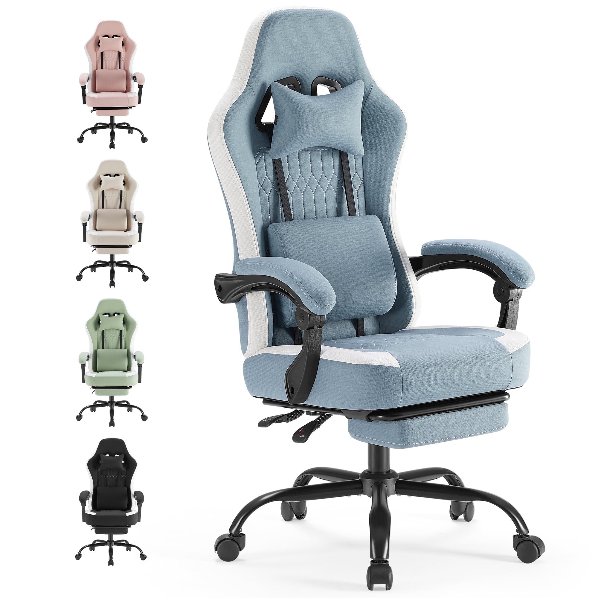 MCQ Computer Gaming Task Chair, High Back Ergonomic with Linkage Armrests, Footrest and Lumbar Support, 360° Swivel Wheels, Blue