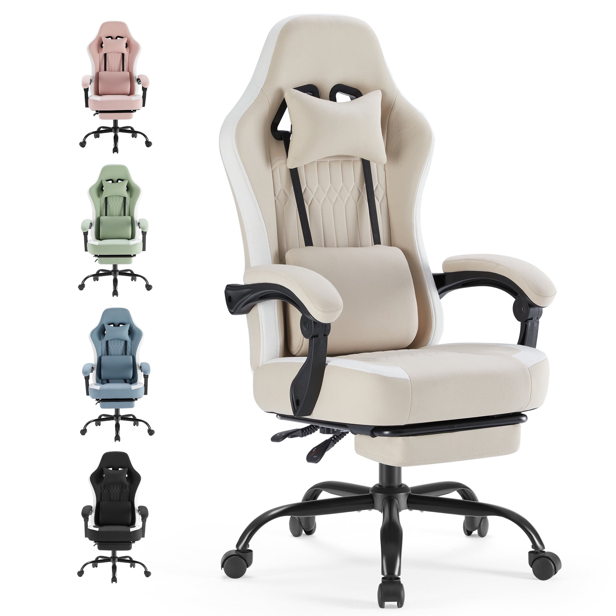 MCQ Computer Gaming Task Chair, High Back Ergonomic with Linkage Armrests, Footrest and Lumbar Support, 360° Swivel Wheels, Khaki