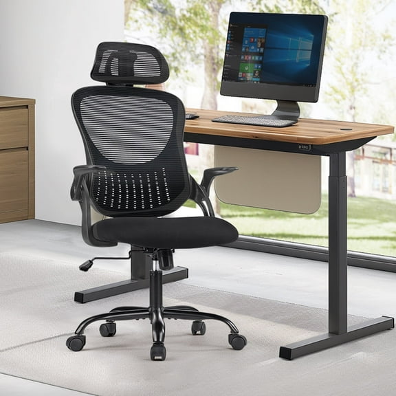 JOINSUN Ergonomic Office Chair, High-Back Mesh Desk Chair with Adjustable Headrest, Flip-Up Armrests, Lumbar Support & Smooth Rolling Wheels, Ideal for Home, Study, and Office, Black