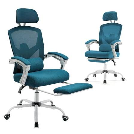 EDX Ergonomic Office Chair - High Back Mesh, Reclining with Lumbar Support, Adjustable Headrest, Footrest & Padded Arms, Blue