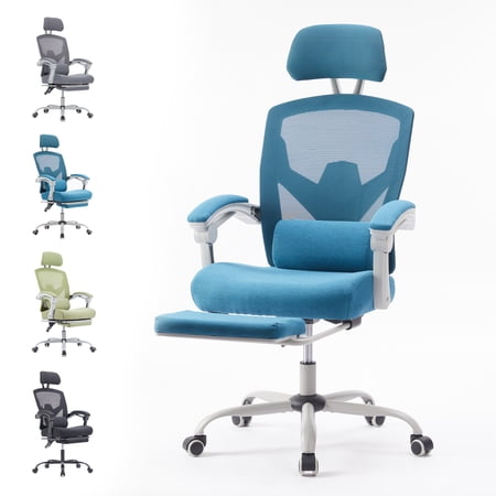 EDX Ergonomic Office Chair - High Back Mesh, Reclining with Lumbar Support, Adjustable Headrest, Footrest & Padded Arms, Blue
