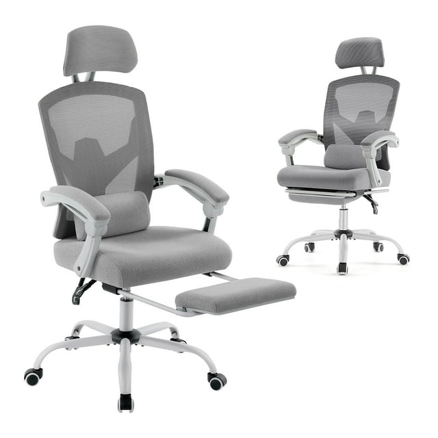 EDX Ergonomic High Back Office Chair with Reclining & Lumbar Support, Adjustable Headrest, Footrest, Padded Arms, Gray
