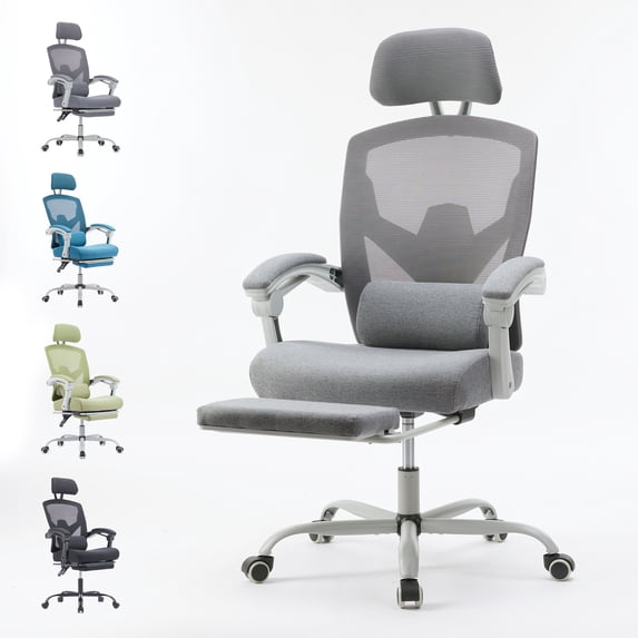 EDX Ergonomic High Back Office Chair with Reclining & Lumbar Support, Adjustable Headrest, Footrest, Padded Arms, Gray