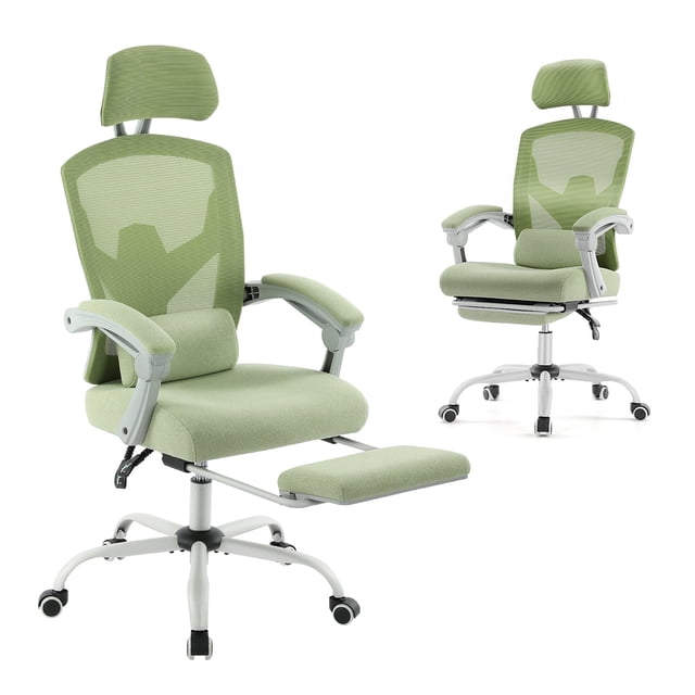 EDX Ergonomic Office Chair - High Back Mesh, Reclining with Lumbar Support, Adjustable Headrest, Footrest & Padded Arms, Green