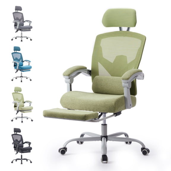 EDX Ergonomic Office Chair - High Back Mesh, Reclining with Lumbar Support, Adjustable Headrest, Footrest & Padded Arms, Green