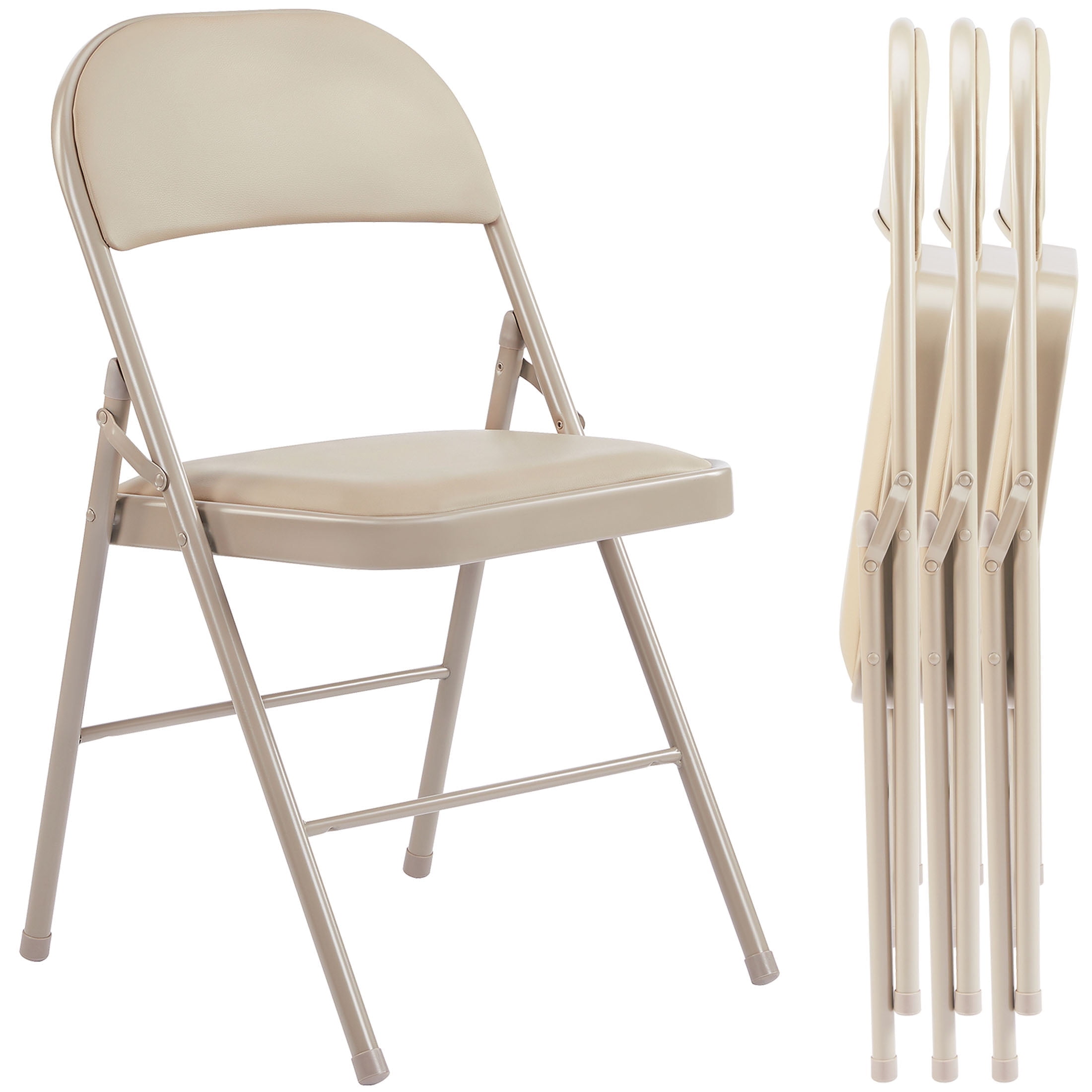JOINSUN Folding Chair 4 Pack, Convenient Leather Padded Folding Chairs, Khaki