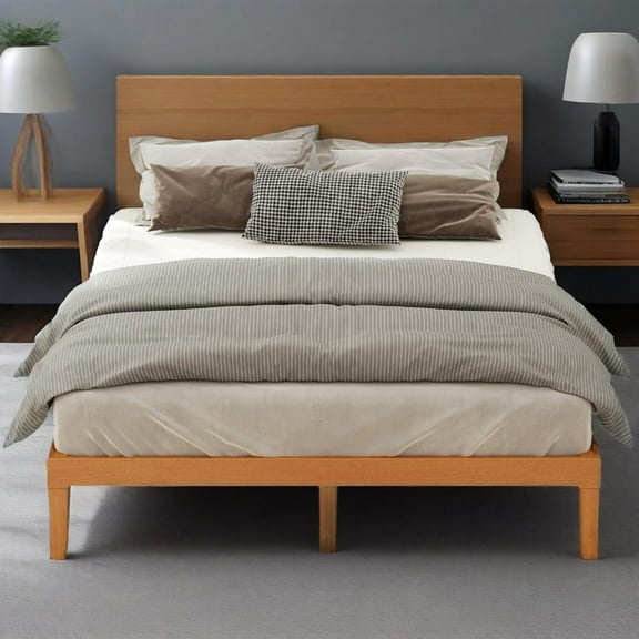 MCQ Full Size Wood Bed Frame, 12in Wooden Platform Bed Frame with Support Slats, No Spring Needed, Storage Space Under Base, Natural Pine