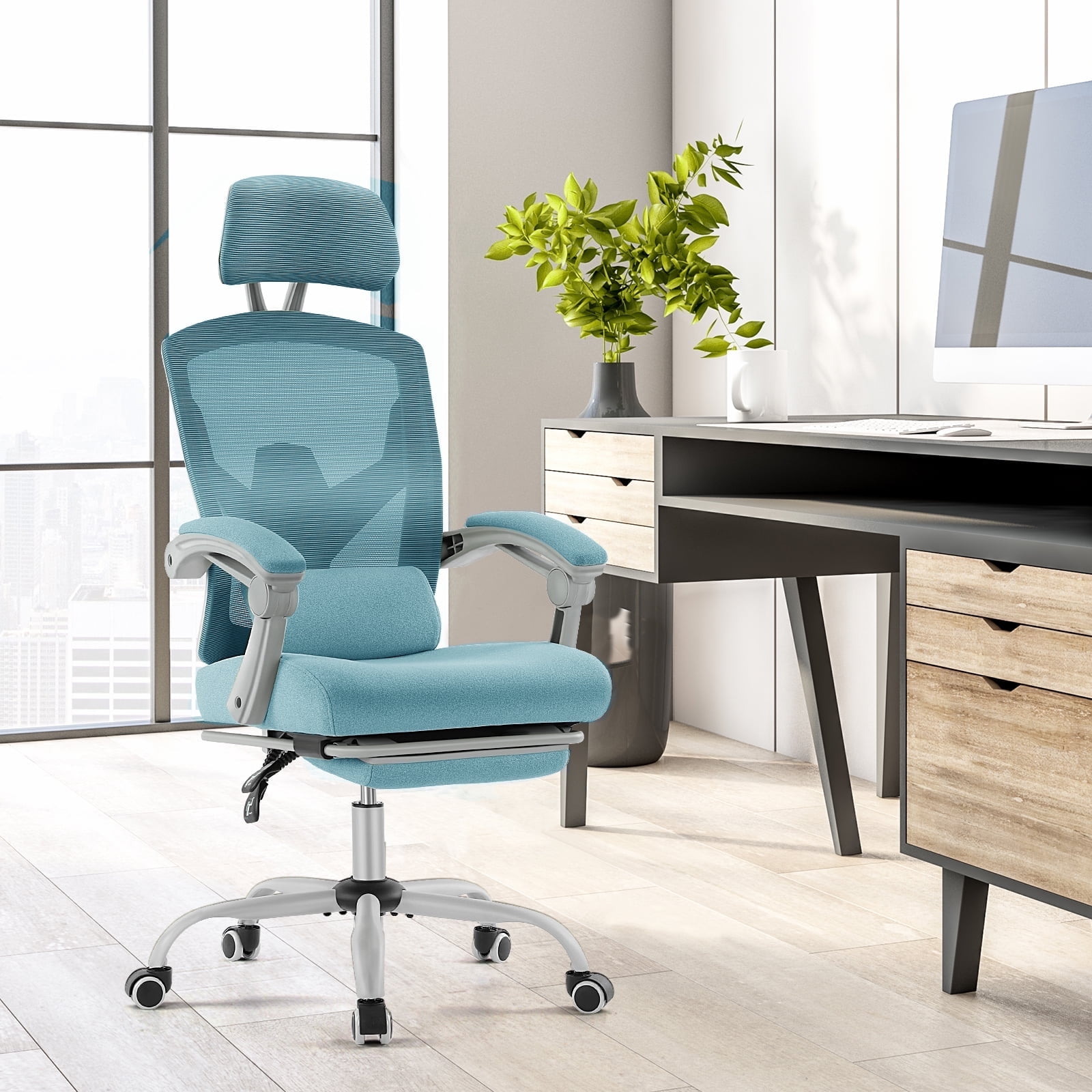 JOINSUN High Back Mesh Office Chair, Ergonomic Lumbar Support, Headrest, Footrest for Home, Blue