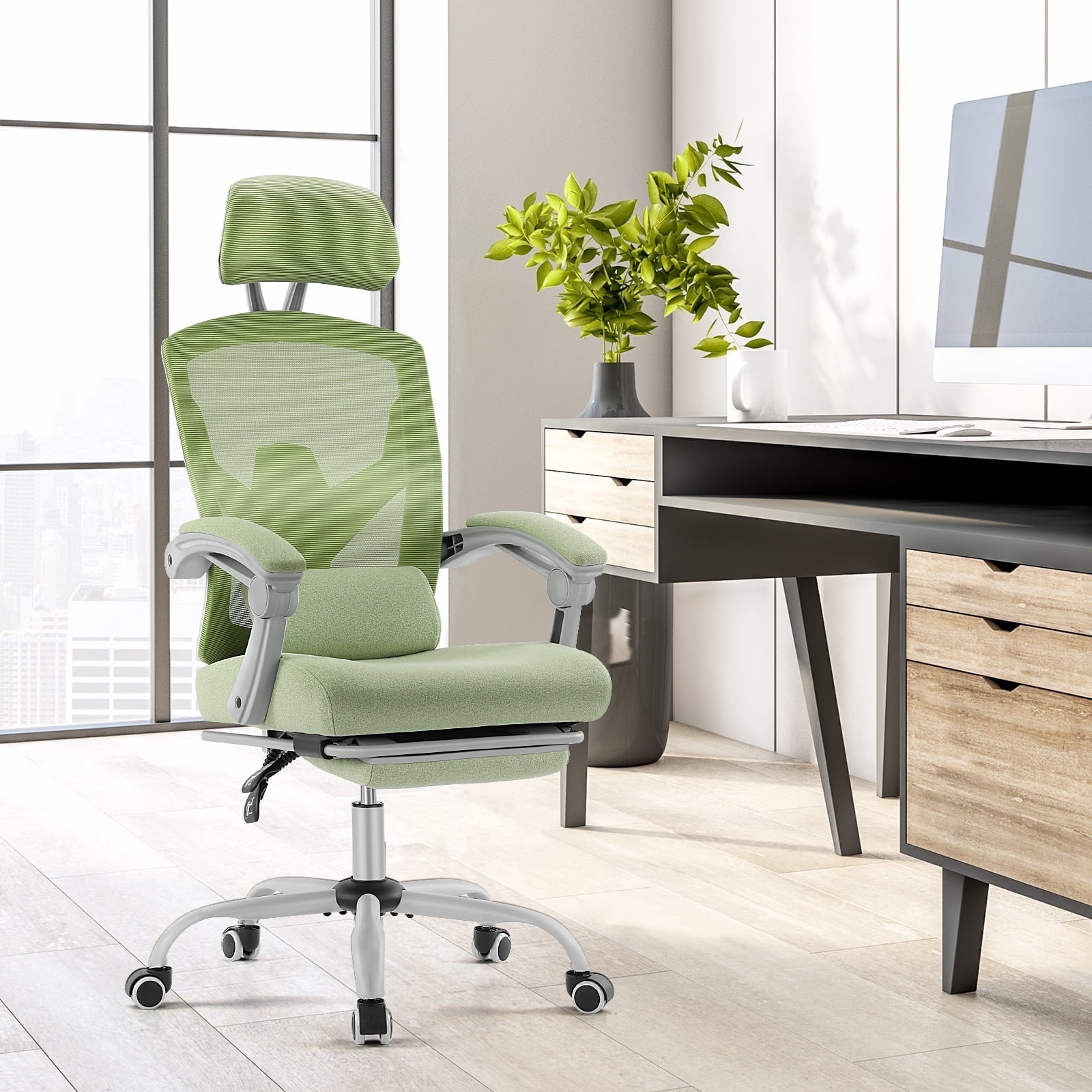 JOINSUN High Back Mesh Office Chair, Ergonomic Lumbar Support, Headrest, Footrest for Home, Green