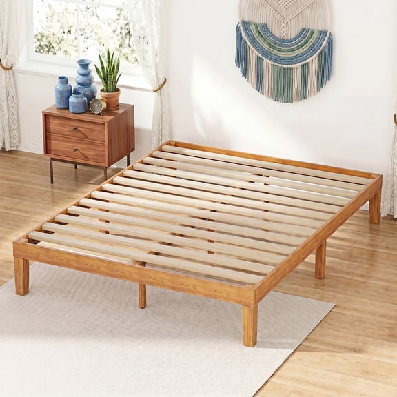 JIOABL King Size Wood Bed Frame, 12in Platform with Support Slats, No Spring Needed, Natural Pine