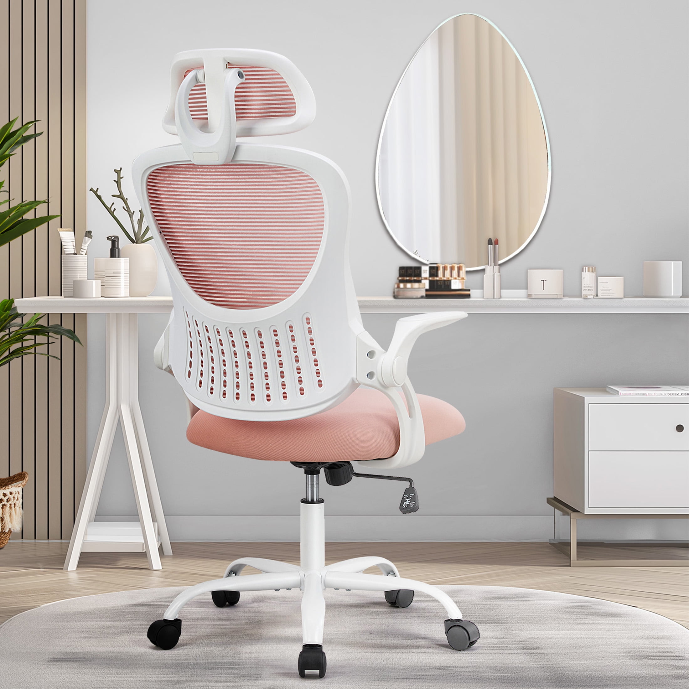 JOINSUN Office Computer Desk Chair, Ergonomic High-Back Mesh Work Chairs with Wheels and Adjustable Headrests, Pink