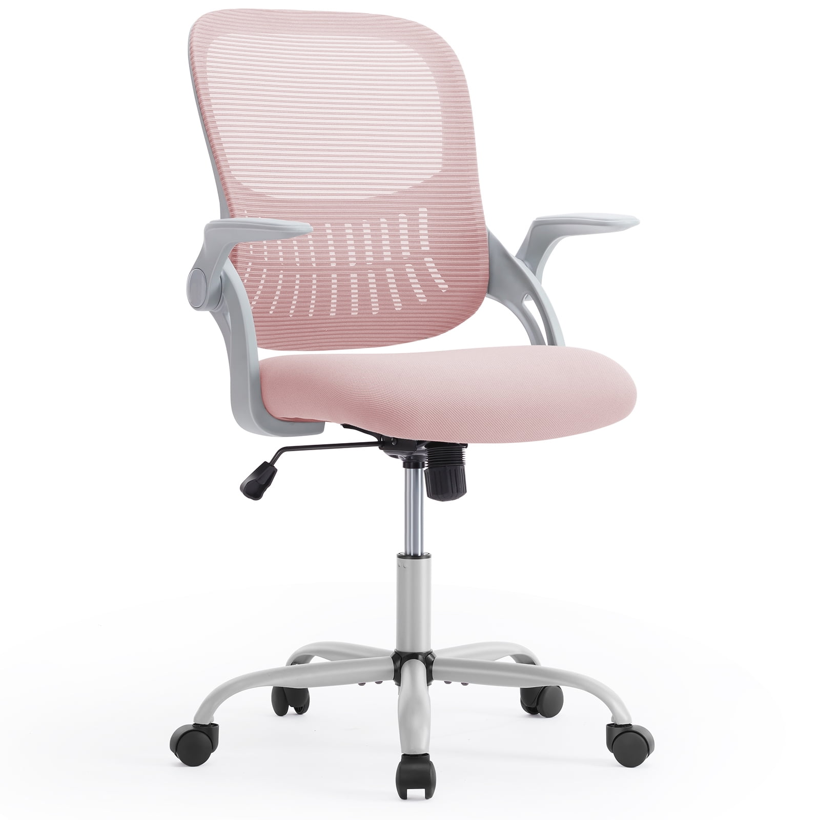 JOINSUN Office Computer Desk Chair, Ergonomic Mesh Mid-Back Rolling Work Swivel Task Chairs with Lumbar Support and Flip-up Arms for Home, Bedroom, Pink