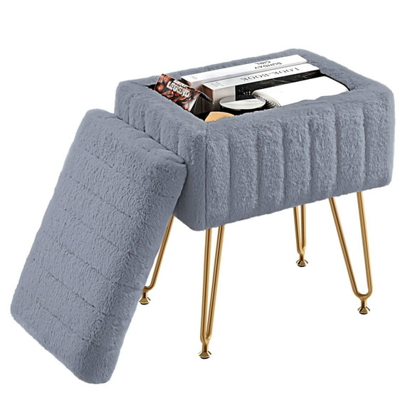 JOINSUN Ottoman Vanity Stool Chair, with Storage, Modern Style Faux Fur Seat with 4 Metal Legs & Non-slip Feet for Living Room, Bedroom, Gray
