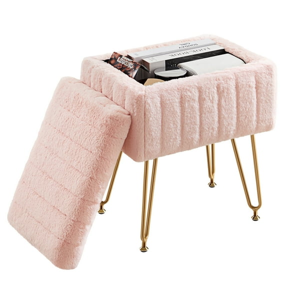 JOINSUN Ottoman Vanity Stool Chair, with Storage, Modern Style Faux Fur Seat with 4 Metal Legs & Non-slip Feet for Living Room, Bedroom, Pink