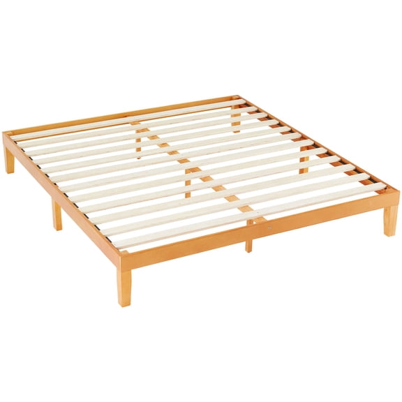 JIOABL Queen Size Wood Bed Frame, 12in Wooden Platform Bed Frame with Support Slats, No Spring Needed, Storage Space Under Base, Natural Pine