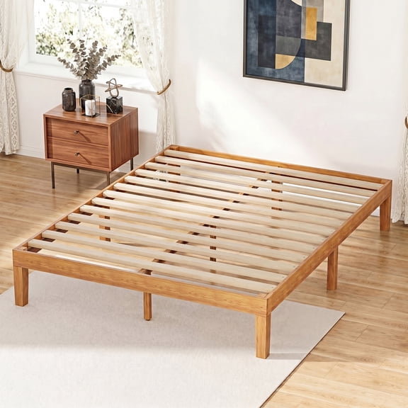 JIOABL Queen Size Wood Bed Frame, 12in Wooden Platform Bed Frame with Support Slats, No Spring Needed, Storage Space Under Base, Natural Pine