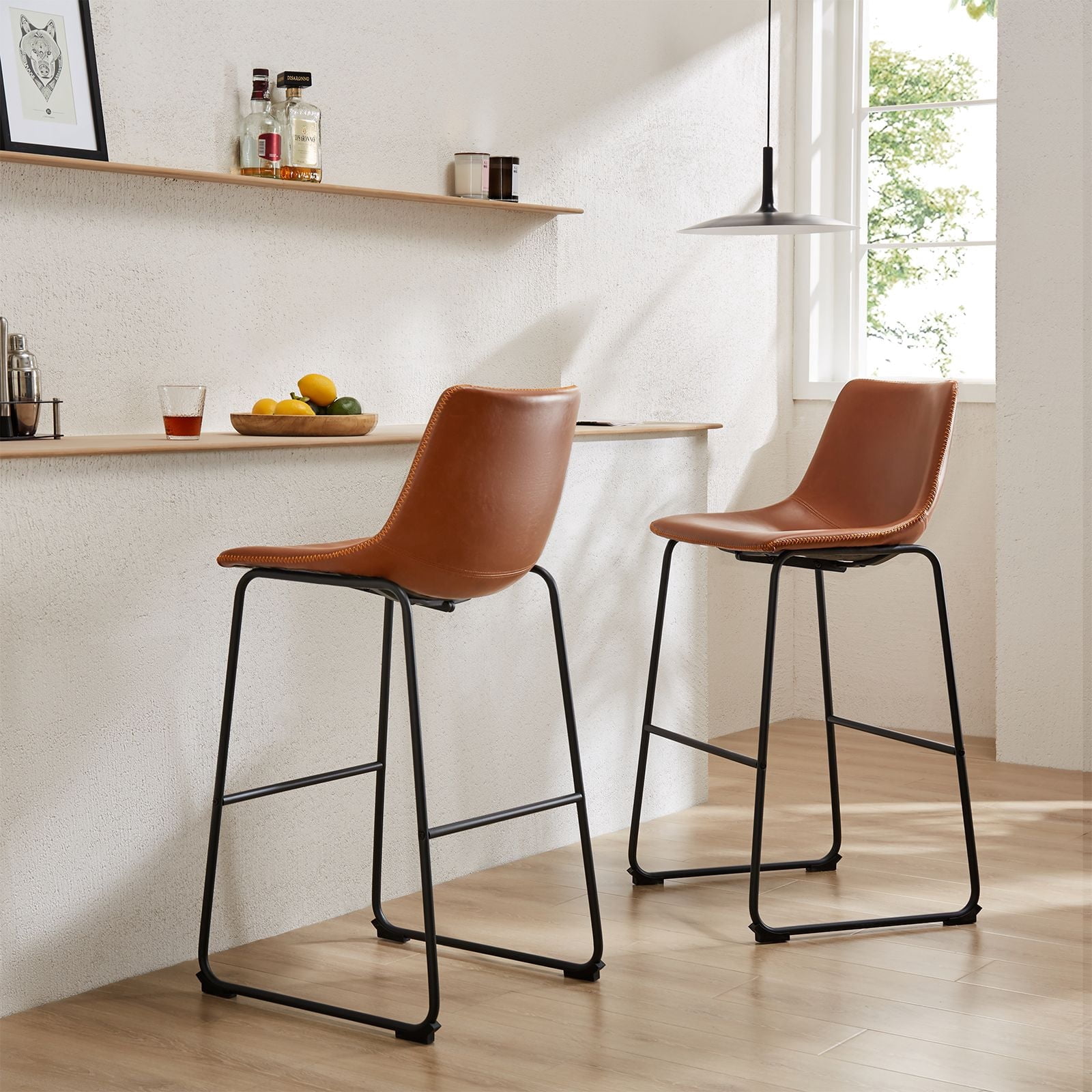 JOINSUN Set of 2 Modern Counter Stool, 30 inch Counter Height Bar Stools With Metal Legs, Footrest, Brown