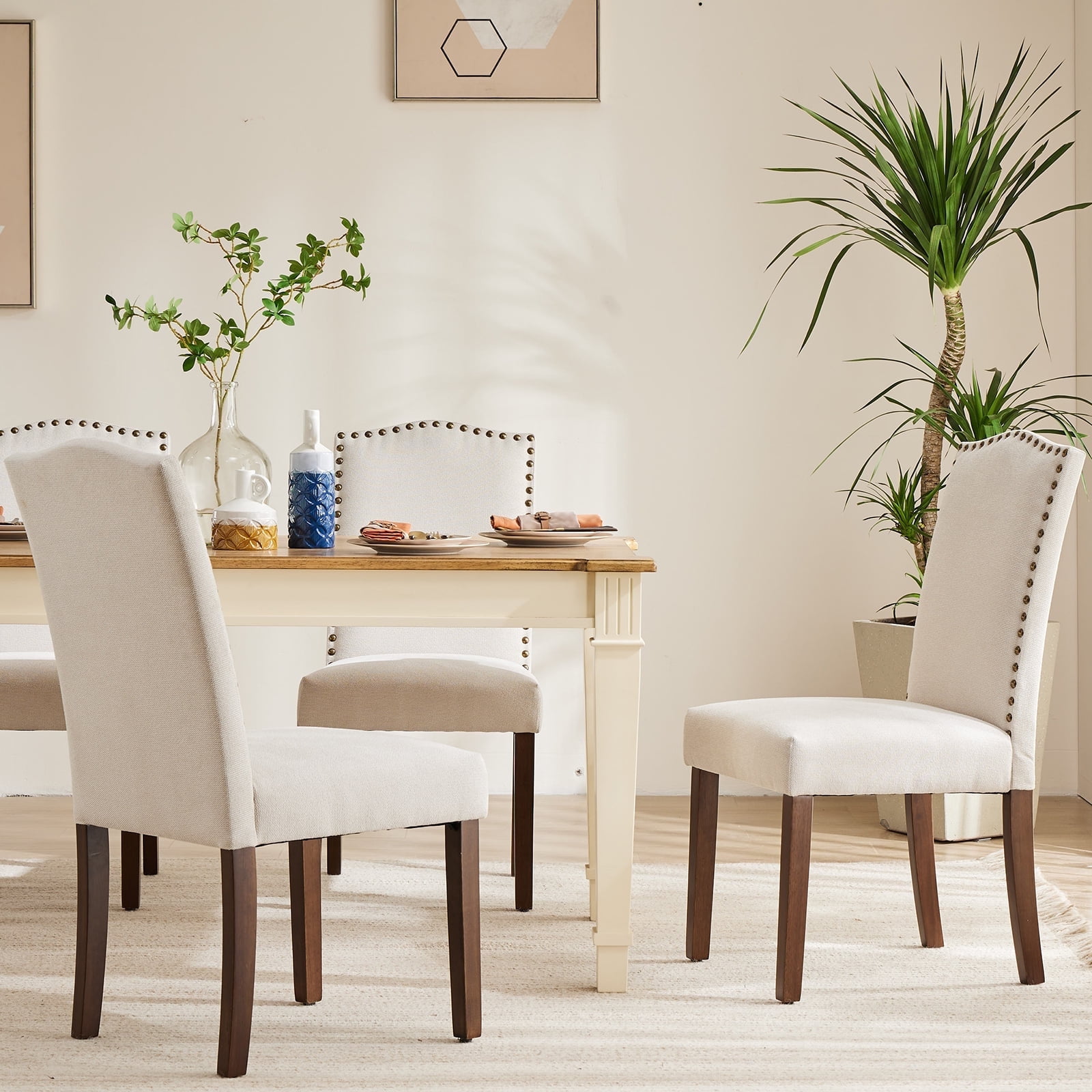 JOINSUN Set of 4 Home Dining Chairs, Parsons Back with Nailhead Trim and Wood Legs, Linen, Beige