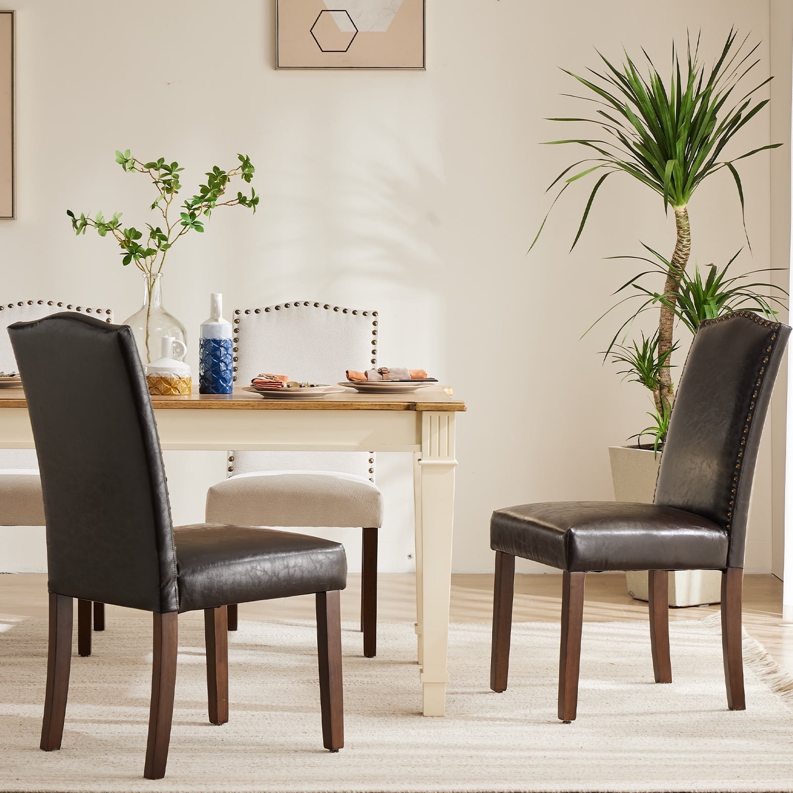 JOINSUN Set of 6 Home Dining Chairs, Parsons Back with Nailhead Trim Wood Legs, PU Leather, Brown