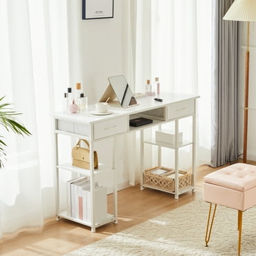 JOINSUN Small Desk Fabric Drawers & Storage Shelves, Computer Desk for Home, Bedroom, 48 Inch, White