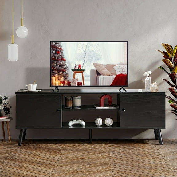 MCQ TV Stand for 55 60 inch Television, 2 Cabinet, Soft Hinge Door with Handle, Black