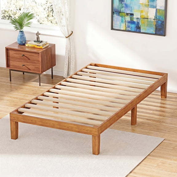 JIOABL Twin Size Wood Bed Frame, 12in Wooden Platform Bed Frame with Support Slats, No Spring Needed, Storage Space Under Base, Natural Pine