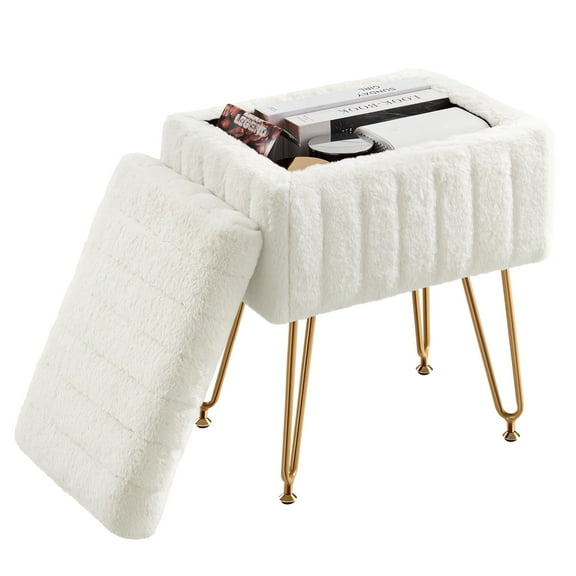 JOINSUN Vanity Stool Chair Faux Fur with Storage, Ottoman 4 Metal Legs with Anti-Slip Feet and Furry Padded Seat for Makeup, Bedroom, Entryway, White