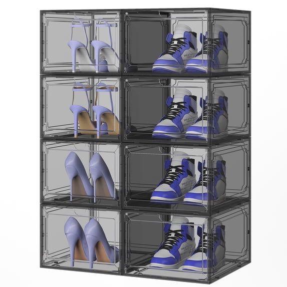 JOISCOPE Sturdy Clear Shoe Box Organizer Made of PET,8 Pack Stackable Shoe Rack Organizer Cabinet with Magnetic Door,Space-Saving Clear Plastic Shoe Boxes for All Kinds of Shoes,Clothes, Black