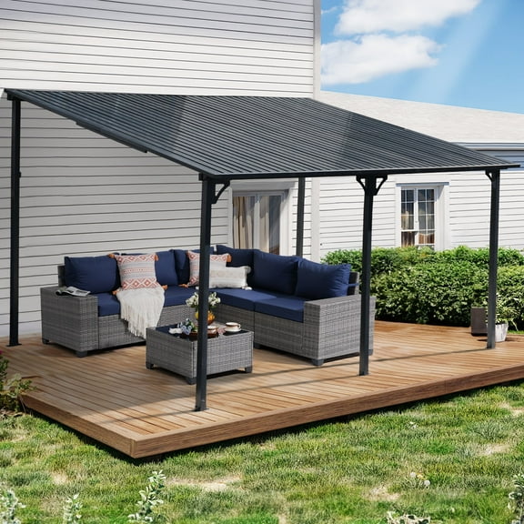 JOIVI 10' x 14' Outdoor Lean to Gazebo, Hardtop Wall Mounted Gazebo with Sloping Roof, Awnings for Patio with All-Iron Frame, Pergolas for Patio, Backyard, Deck