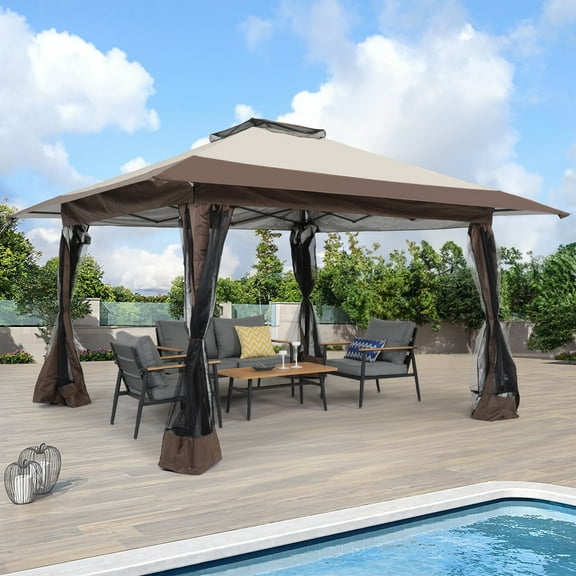 JOIVI 13'x13’Patio Gazebo, Outdoor Pop up Gazebo, Canopy Gazebo Tent Shelter with Mosquito Netting, Beige & Brown