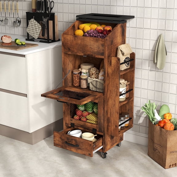 JOIVI 16.0" Potato and Onion Storage Bin on Wheels, 4-Tier Rolling Fruit and Vegetable Organizer with Side Rack & Drawers, Movable Bread Box Cabinet with Mesh Doors for Kitchen, Rustic Brown