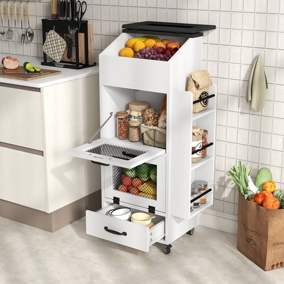 JOIVI 16.0" Potato and Onion Storage Bin on Wheels, 4-Tier Rolling Fruit and Vegetable Organizer with Side Rack & Drawers, Movable Bread Box Cabinet with Mesh Doors for Kitchen, White