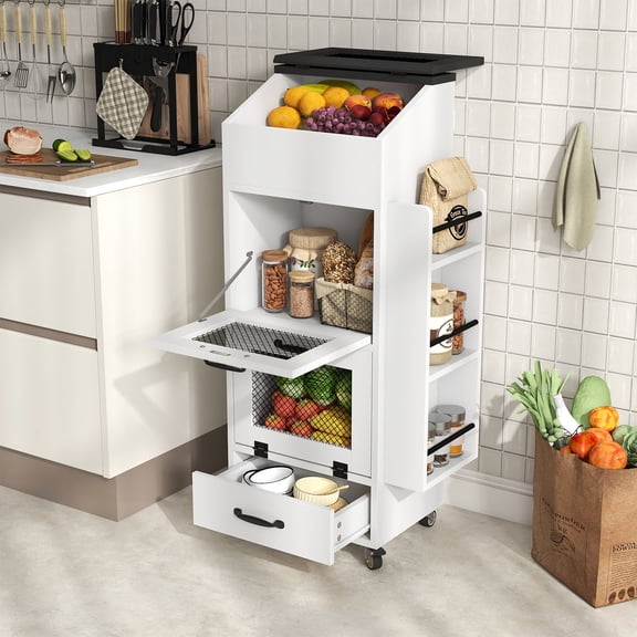 JOIVI 16.0" Potato and Onion Storage Bin on Wheels, 4-Tier Rolling Fruit and Vegetable Organizer with Side Rack & Drawers, Movable Bread Box Cabinet with Mesh Doors for Kitchen, White