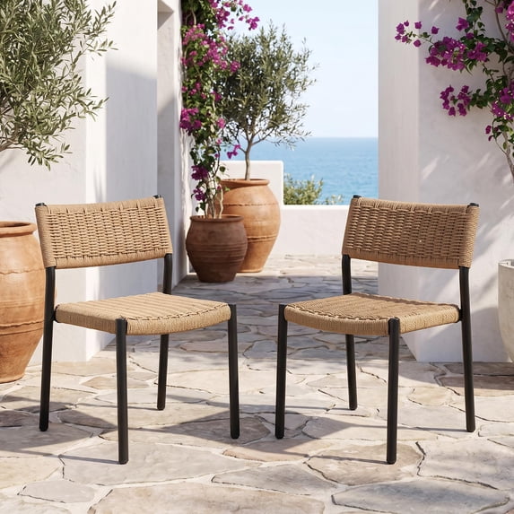 JOIVI 2-Piece Stackable Outdoor Patio Chairs Set, Hand-Woven PE Rattan Wicker Dining Chairs, No Assembly, Space-Saving for Patio & Balcony