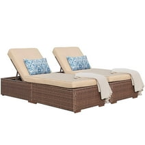 JOIVI 2 Pieces Outdoor Chaise Lounge Chair, Patio Reclining Sun Lounger, Brown Wicker Rattan Adjustable Lounge Chair, Steel Frame with Removable Beige Cushions, for Poolside, Deck and Backyard