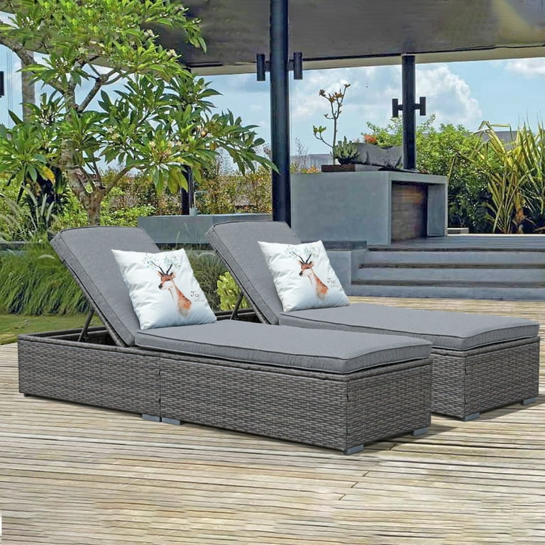 JOIVI Outdoor Chaise Lounge Chair 2 Piece Adjustable Steel Frame Brown Wicker Blue Cushions Walmart