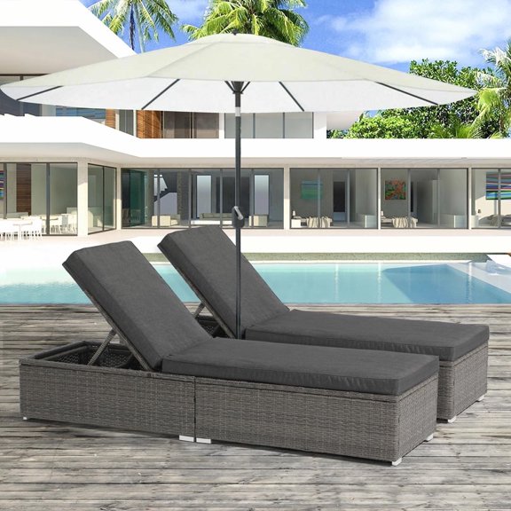 JOIVI Outdoor Chaise Lounge Chairs, Gray Wicker Rattan Adjustable Position Sun Lounger with Removable Dark Gray Cushions- Set of 2