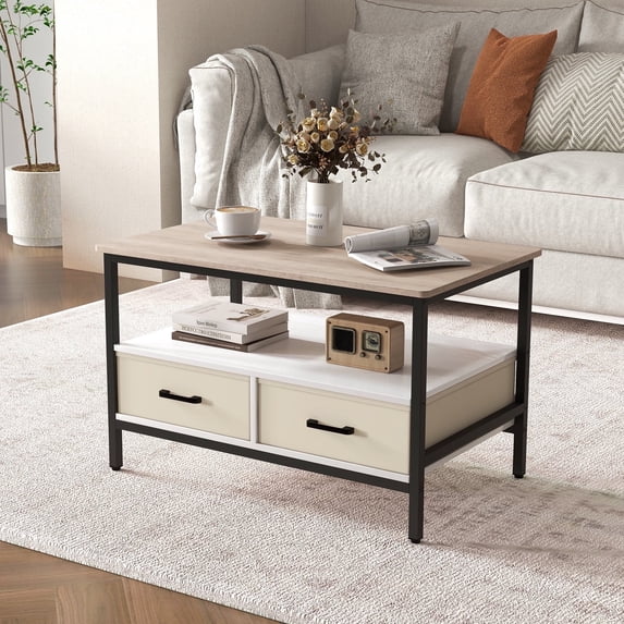 JOIVI 2-Tier Coffee Table with Storage Shelf and 2 Drawers, 31.5" Rectangular Center Table Wood Top for Living Room